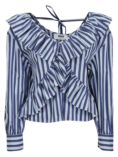 Shop Msgm Striped Ruffled Blouse In Azzurro