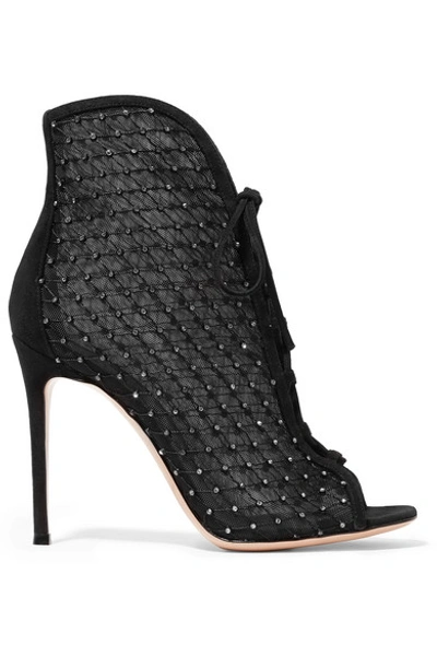 Shop Gianvito Rossi 105 Embellished Suede-trimmed Mesh Ankle Boots In Black