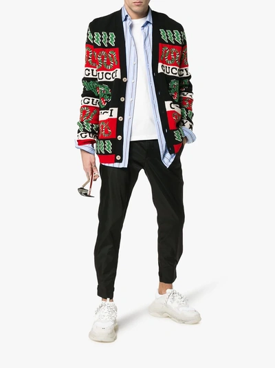Shop Gucci Wool Symbols Jacquard Cardigan In Black