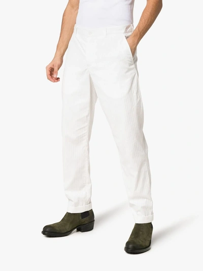 Shop Ann Demeulemeester Stripe Straight Leg Cotton Trousers In Vanille