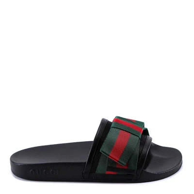 Gucci Bow-embellished Satin And Rubber Slides In Black | ModeSens