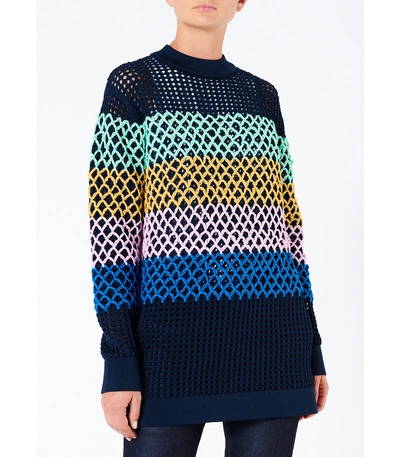 Shop Tibi Stripe Crochet Oversized Tunic Pullover In Navy Multi