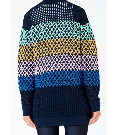 Shop Tibi Stripe Crochet Oversized Tunic Pullover In Navy Multi