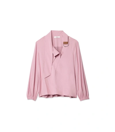 Shop Tibi Viscose Twill Asymmetric Tie Collar Top In Pink Lilac