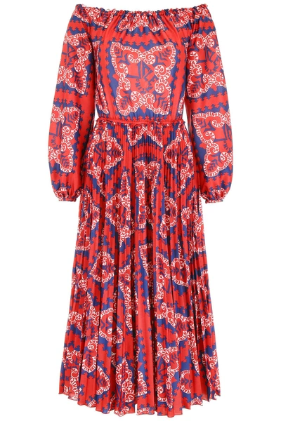 Shop Valentino Off-the-shoulder Dress With Bandana Print In Brick Pure Blue|rosa