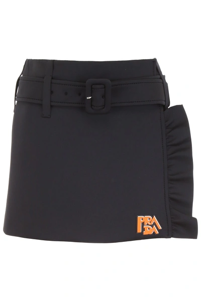 Shop Prada Ruffled Mini Skirt With Logo In Nero Nero (black)