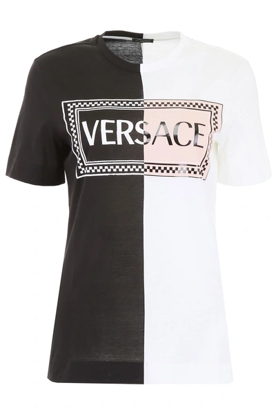 Shop Versace Bicolor T-shirt With Logo In White Black Pink|bianco