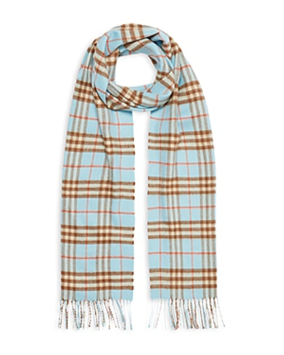 Shop Burberry Classic Vintage Check Cashmere Scarf In Pale Peridot Blue