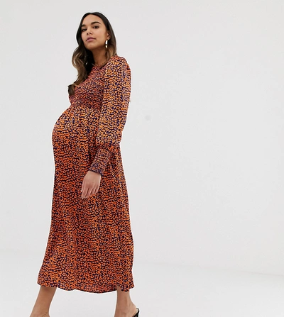 Shop Queen Bee Maternity Long Sleeve Shirred Bust Midi Dress In Contrast Leopard-multi