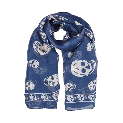Shop Alexander Mcqueen Blue Skull-print Silk Chiffon Scarf In Navy