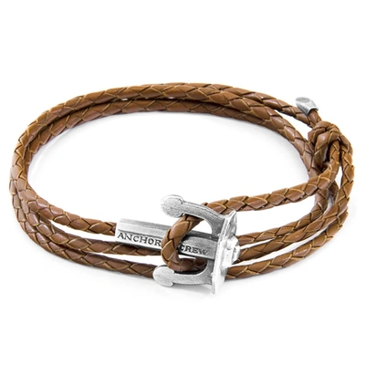 Shop Anchor & Crew Light Brown Union Anchor Silver And Braided Leather Bracelet