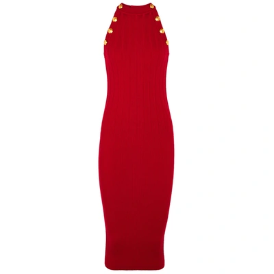 Shop Balmain Red Stretch-knit Midi Dress