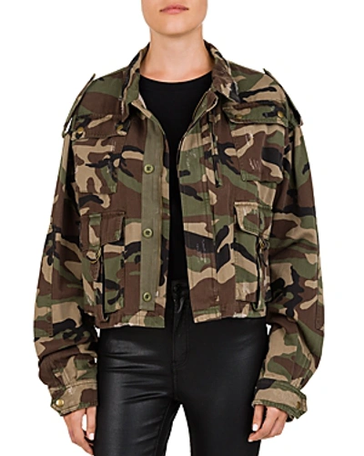 Shop The Kooples Cropped Distressed Camouflage Jacket In Military Khaki