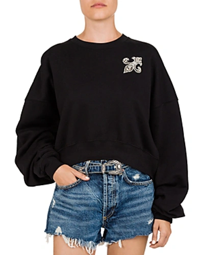 Shop The Kooples Fleur-de-lis Embellished Cotton Sweatshirt In Black