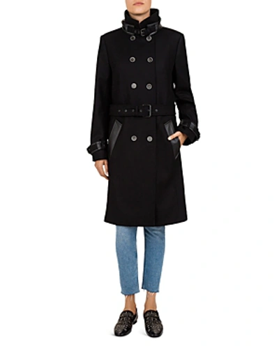 Shop The Kooples Leather Trimmed Belted Double Breasted Coat In Black