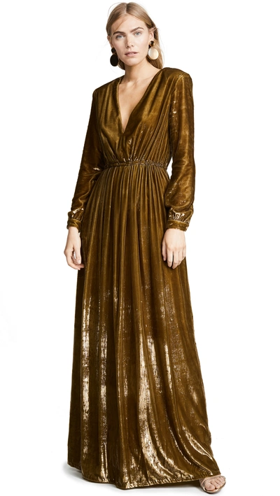 Shop Adam Lippes Liquid Velvet V Neck Gown In Bronze