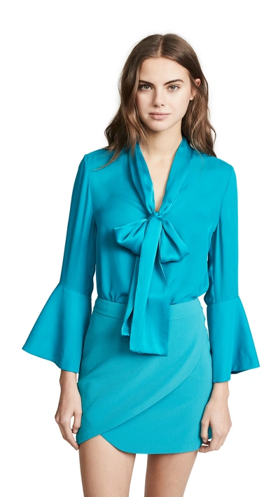 Shop Alice And Olivia Meredith Tie Neck Button Down In Teal