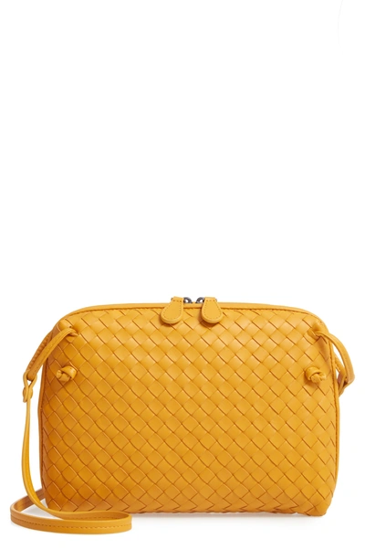 Shop Bottega Veneta Nodini Woven Leather Crossbody Bag - Yellow In Marigold/ Brunito