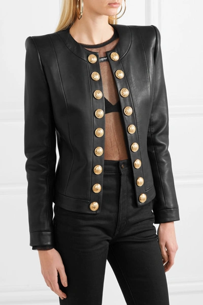 Shop Balmain Button-embellished Collarless Leather Blazer In Black