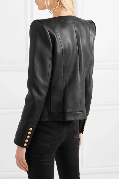 Shop Balmain Button-embellished Collarless Leather Blazer In Black