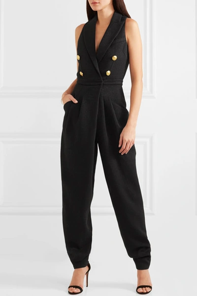 Shop Balmain Button-embellished Stretch-knit Jumpsuit In Black