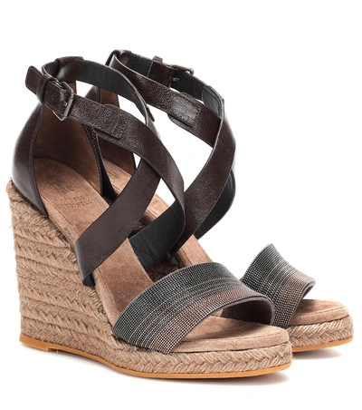 Shop Brunello Cucinelli Embellished Leather Wedge Espadrilles In Brown