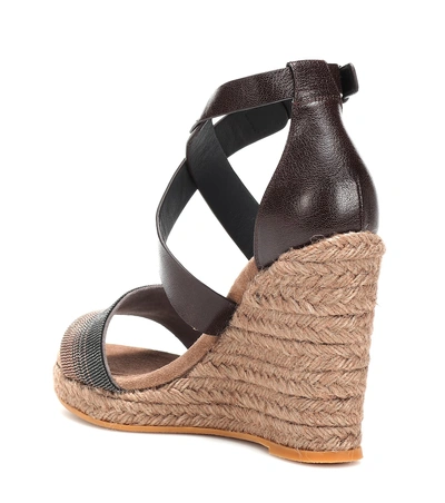 Shop Brunello Cucinelli Embellished Leather Wedge Espadrilles In Brown