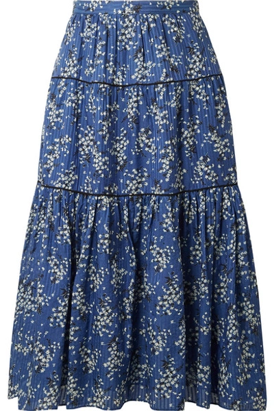 Shop Ulla Johnson Auveline Floral-print Cotton And Silk-blend Midi Skirt In Blue