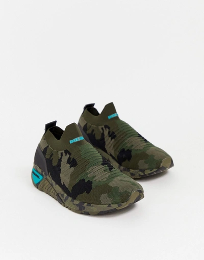 Shop Diesel Knitted Sneakers In Camo - Green