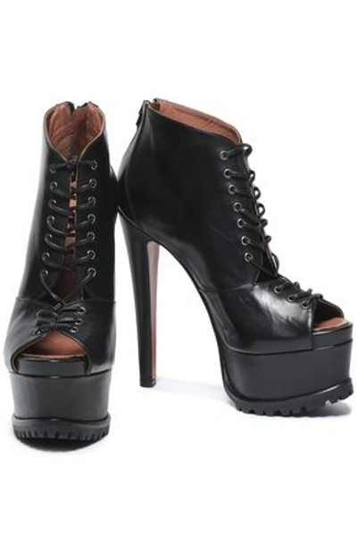 Shop Alaïa Woman Lace-up Leather Platform Ankle Boots Black