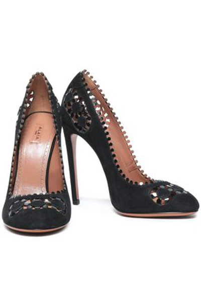 Shop Alaïa Laser-cut Patent Leather-trimmed Suede Pumps In Black