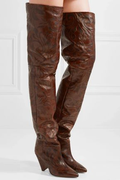 Shop Isabel Marant Lostynn Embossed Leather Over-the-knee Boots In Chocolate