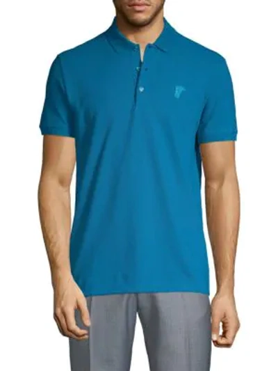 Shop Versace Solid Cotton Polo In Light Blue