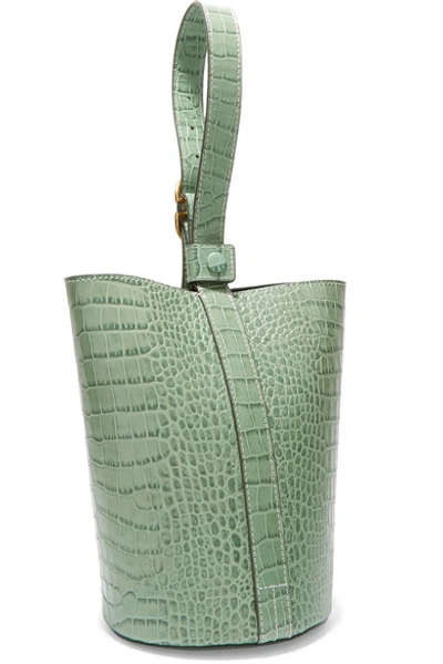 Shop Trademark Small Croc-effect Leather Bucket Bag In Gray Green