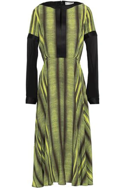 Shop Amanda Wakeley Chiffon-paneled Printed Silk Crepe De Chine Midi Dress In Lime Green
