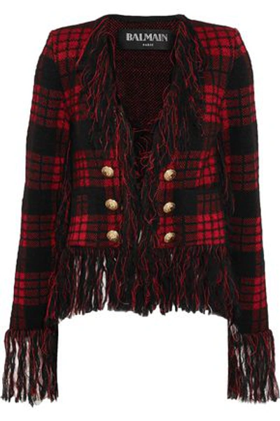 Shop Balmain Woman Frayed Checked Jacquard-knit Jacket Red