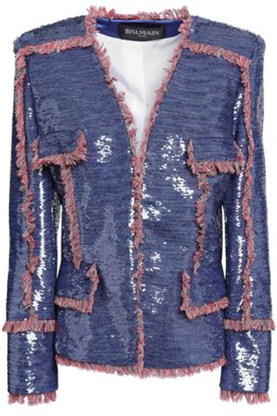 Shop Balmain Woman Fringed Sequin-embellished Woven Jacket Indigo