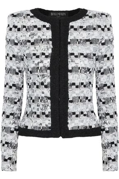 Shop Balmain Woman Sequin-embellished Bouclé-tweed Jacket White