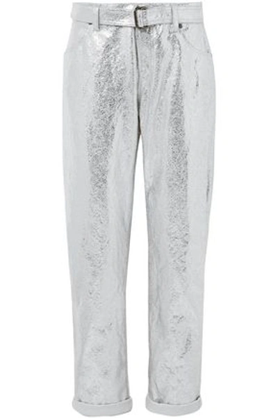 Shop Tom Ford Woman Metallic Crinkled Cotton And Linen-blend Tapered Pants Silver