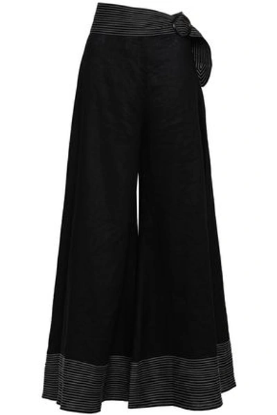 Shop Paper London Woman Salina Belted Linen Wide-leg Pants Black