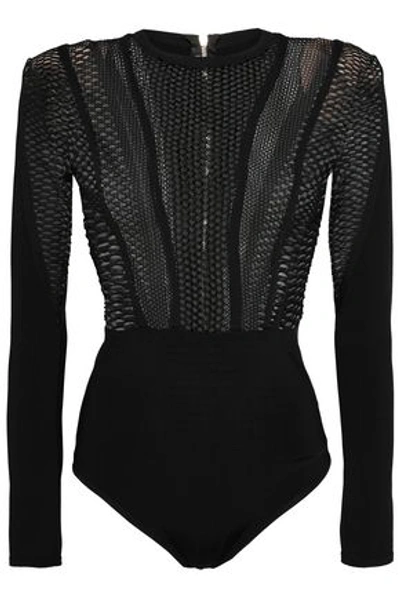 Shop Balmain Woman Open-knit Stretch-ponte Bodysuit Black