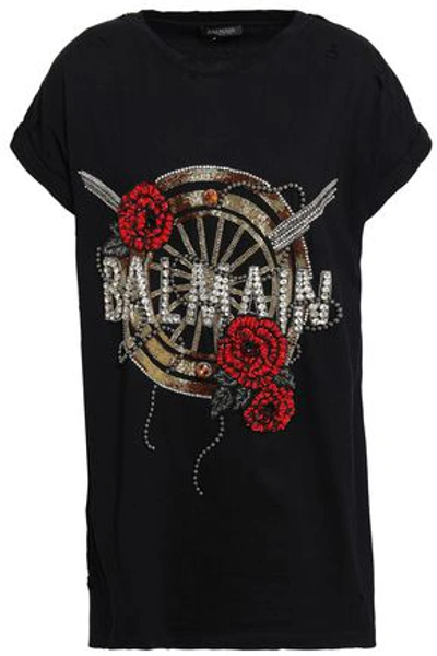 Shop Balmain Woman Embellished Cotton-jersey T-shirt Black