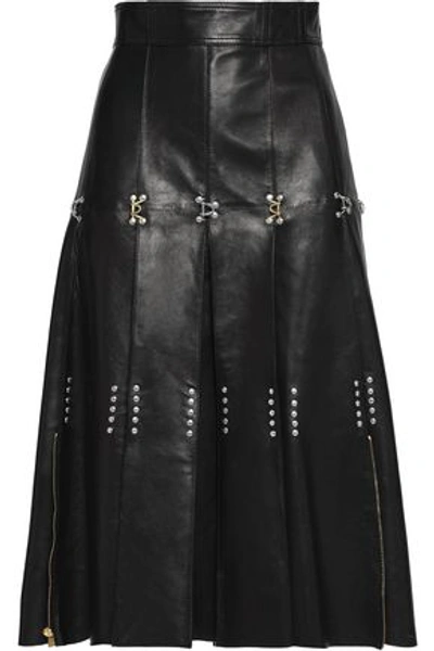 Shop Alexander Mcqueen Woman Embellished Pleated Leather Skirt Black