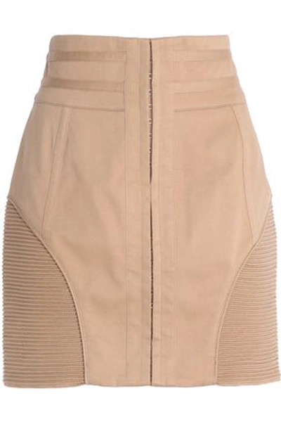 Shop Balmain Woman Ribbed-paneled Stretch-cotton Mini Skirt Sand