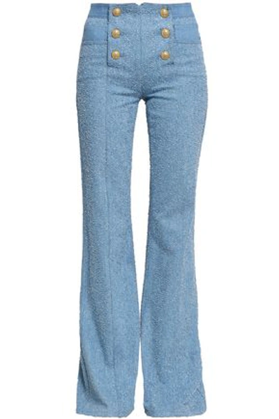 Shop Balmain Button-detailed Bouclé High-rise Flared Jeans In Light Denim