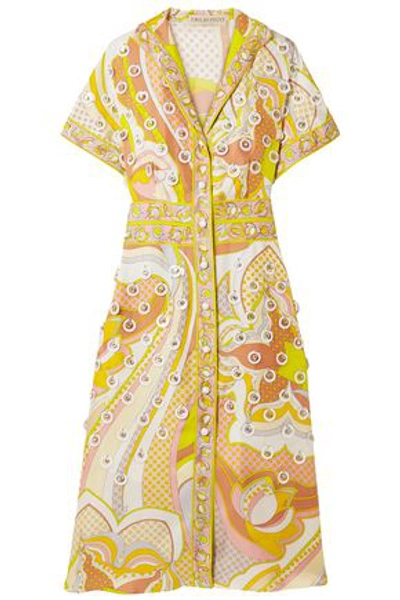 Shop Emilio Pucci Woman Embellished Printed Silk-twill Shirt Dress Yellow