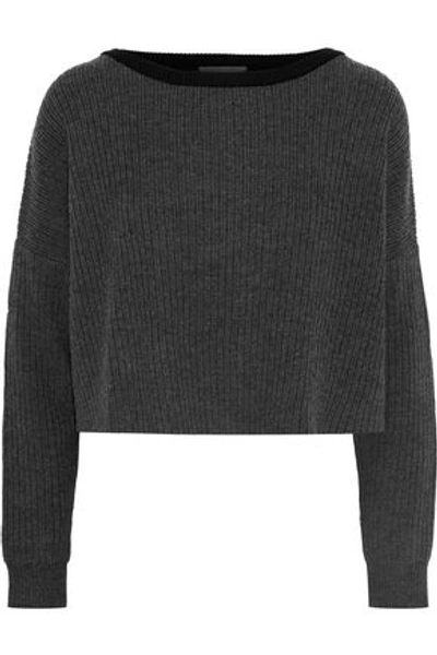 Shop Tart Collections Woman Cropped Ribbed Mélange Merino Wool Sweater Dark Gray