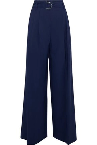 Shop Diane Von Furstenberg Woman Belted Pleated Stretch-wool Wide-leg Pants Indigo