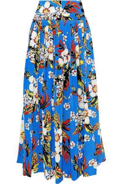 Shop Diane Von Furstenberg Woman Pleated Floral-print Silk Crepe De Chine Maxi Wrap Skirt Cobalt Blue