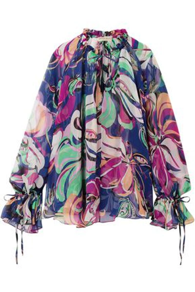 Shop Emilio Pucci Woman Gathered Printed Silk-georgette Blouse Purple